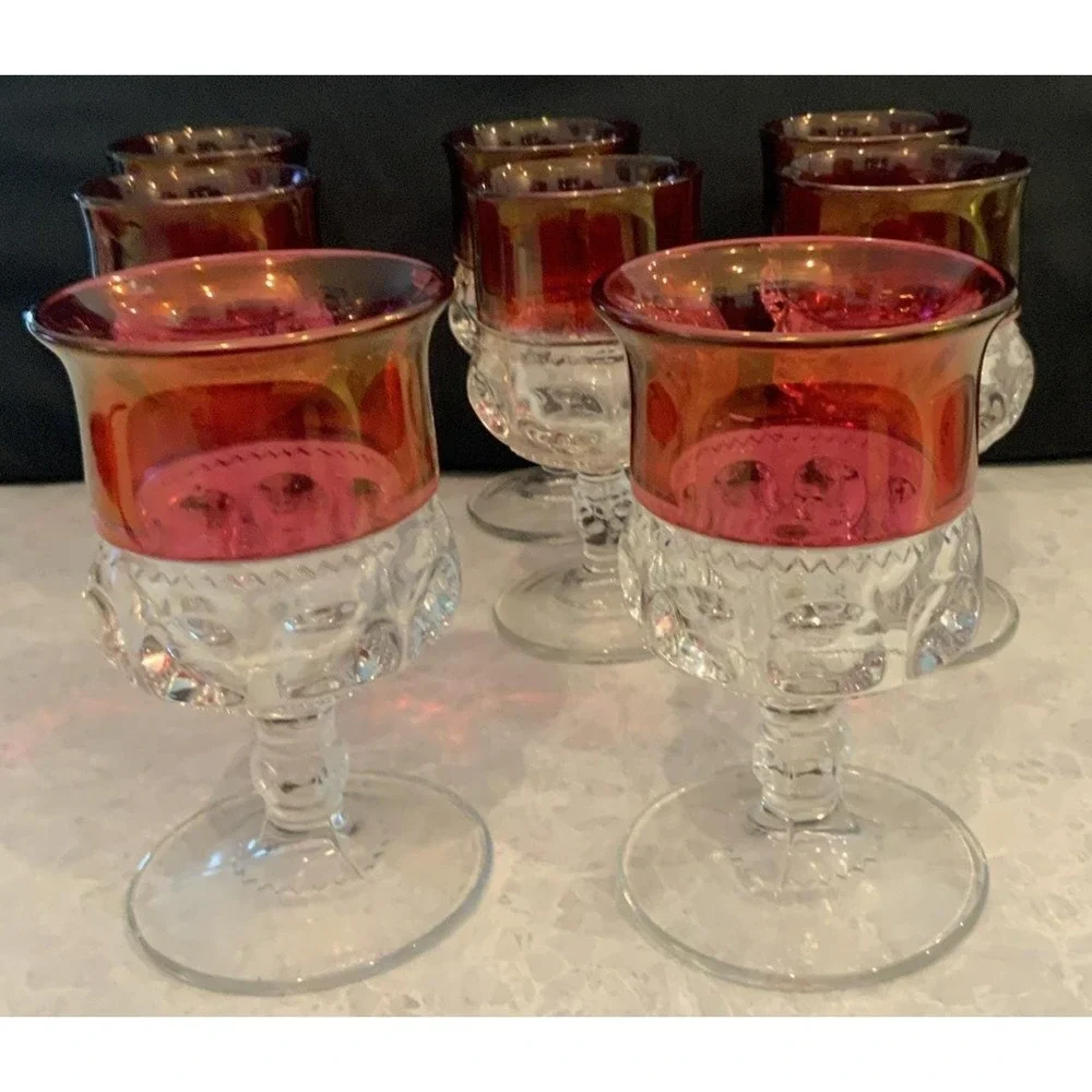 Tiffin Franciscan Kings Crown Thumb Print Ruby Flashed Water Goblets Set of 8